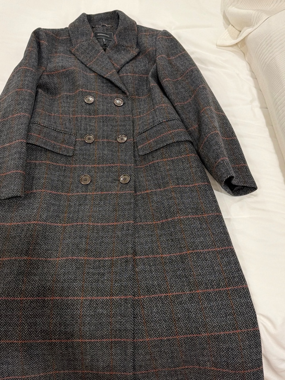 Wool-Blend Double-Breasted Plaid Coat - Charcoal with Subtle Red Windowpane